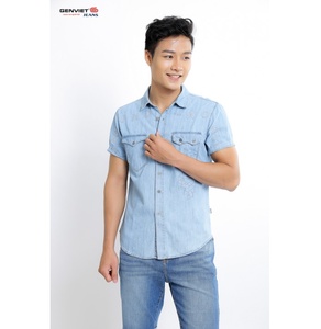 Áo Sơmi Denim Cộc Tay Phối Họa Tiết