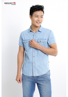 Áo Sơmi Denim Cộc Tay Phối Họa Tiết